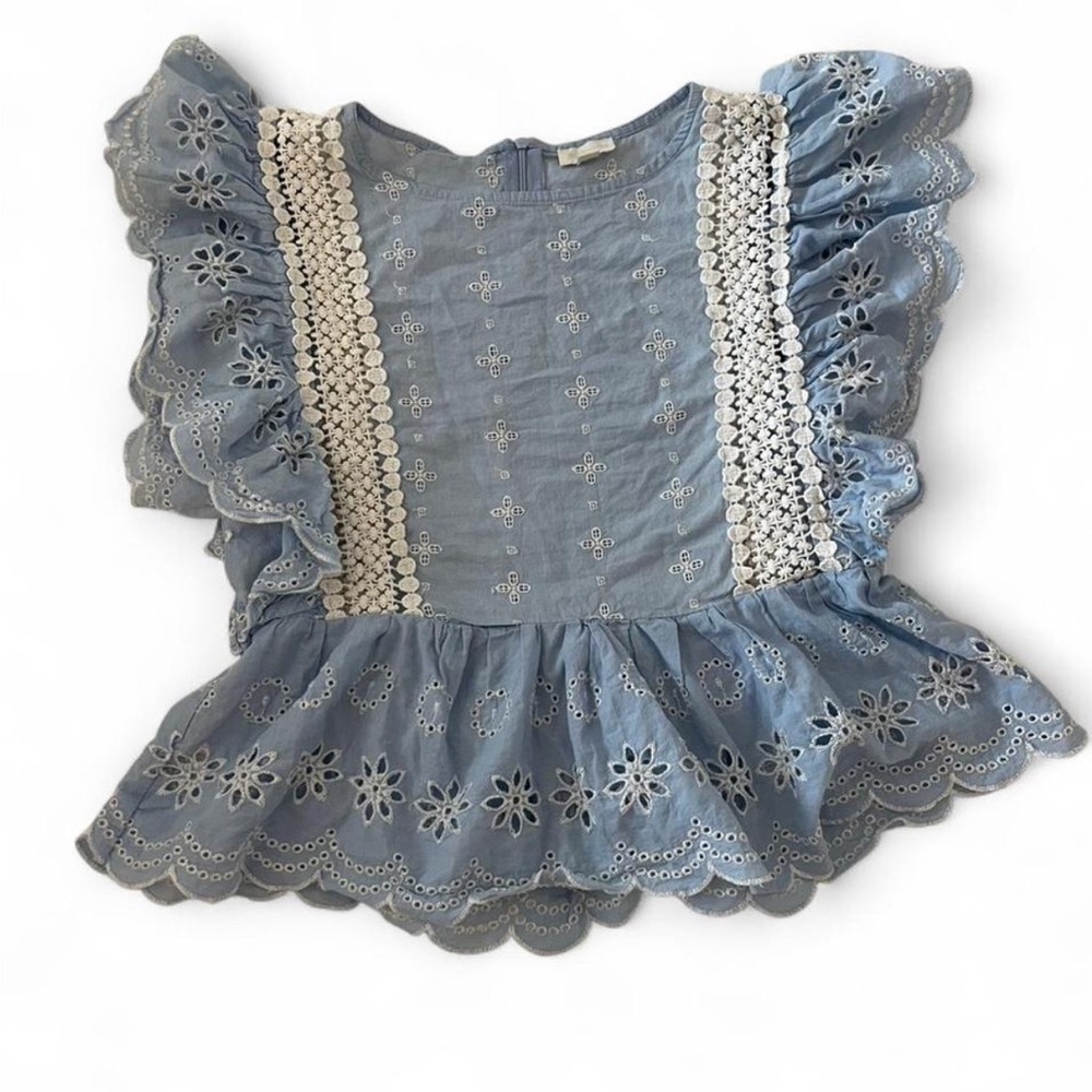 Scallop Eyelet Ruffle Blouse in Light Blue - peplum